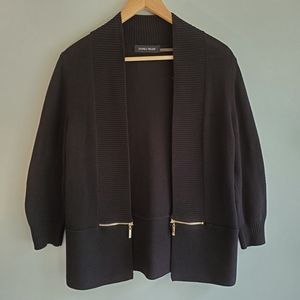 Ivanka Trump Black Open-Front Shawl Cardigan with Gold Zipper Accents